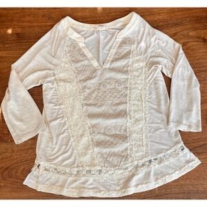 One September Anthropologie Cream Lace Embroidered V-Neck Boho Top Small